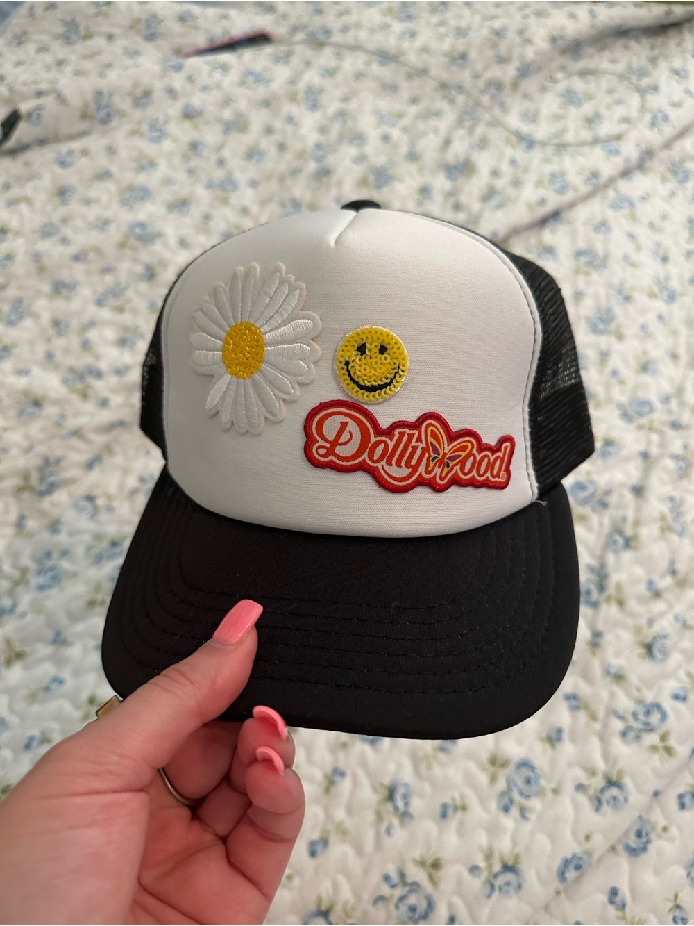 DollyWood Black & White Trucker Hat with Daisy and Smiley Patch